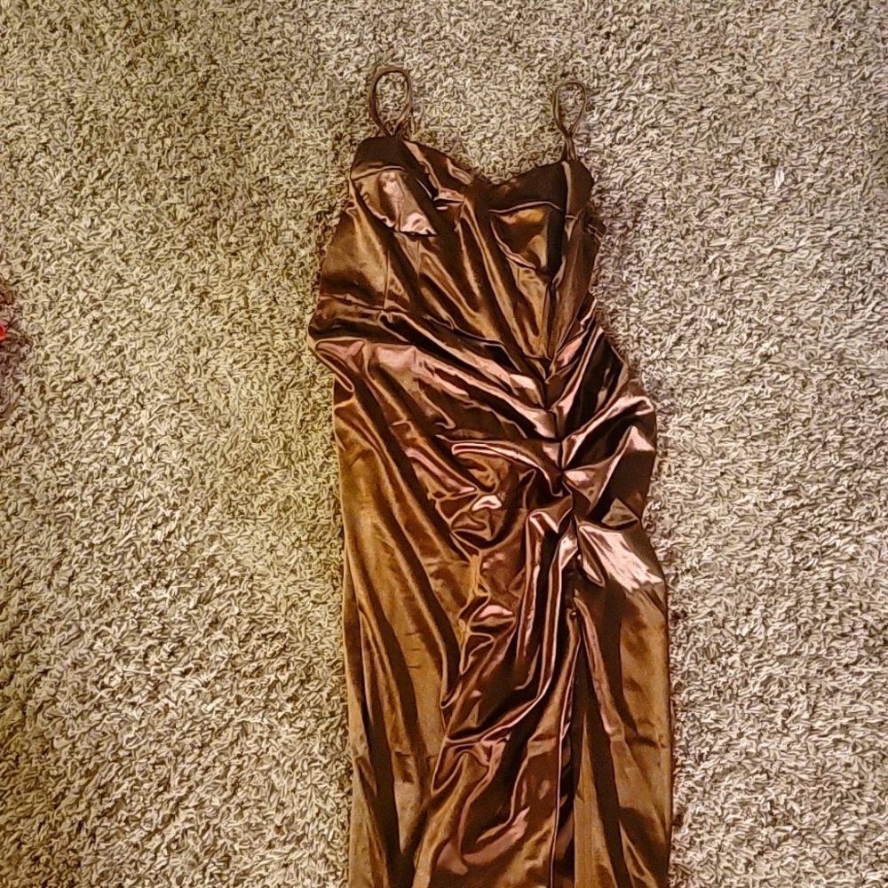 Beautiful brown silk body dress with leg reveal on left side